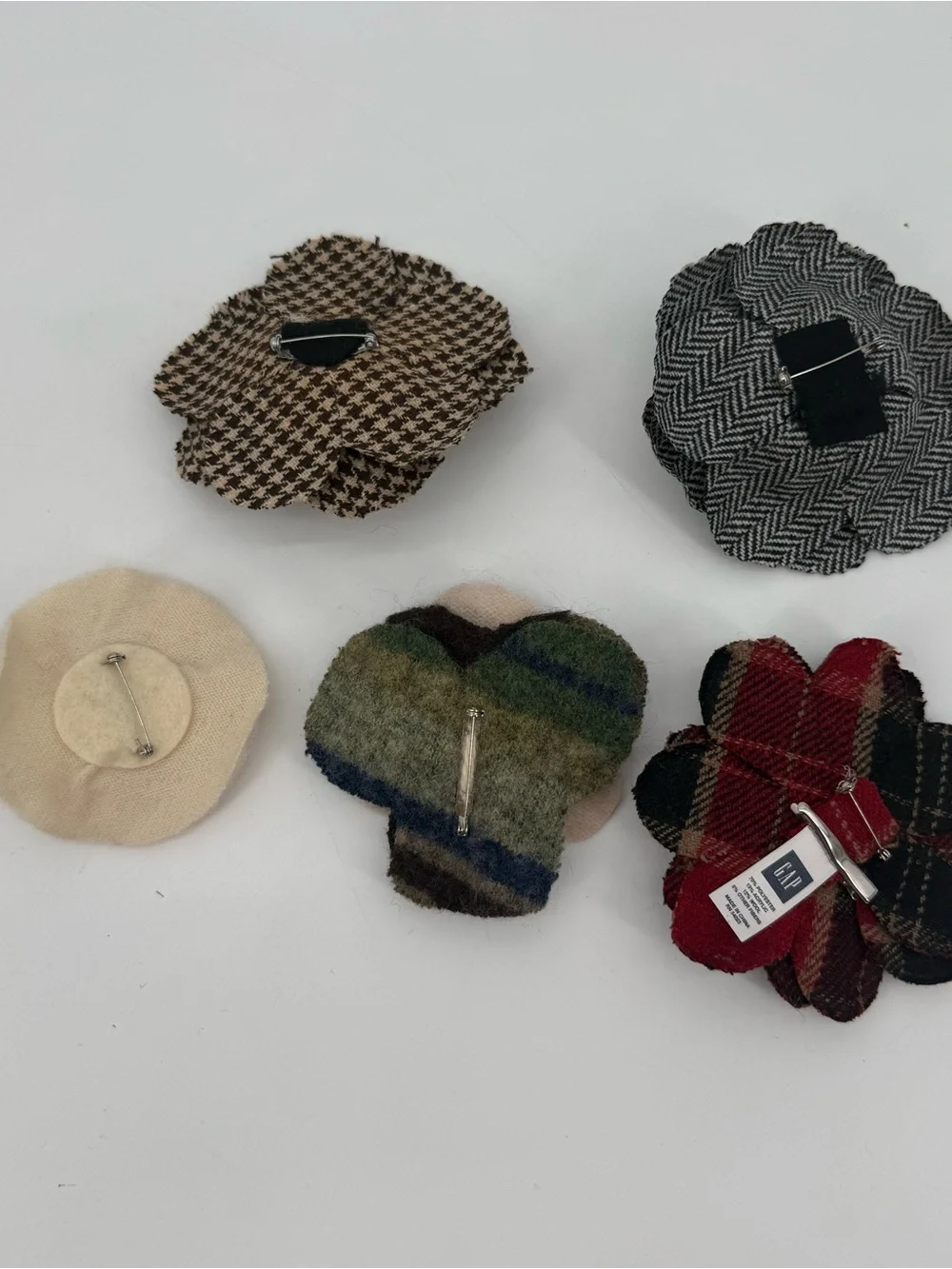 Lot of 5 Fabric Flower Brooches Plaid Houndstooth Tweed Pins Handmade Rosettes